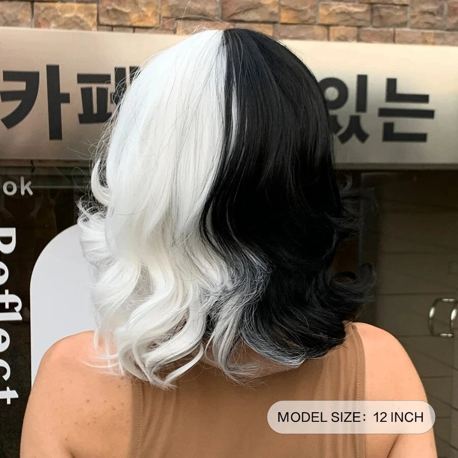Split Color Black and White Mid-Length Wavy Wig with Bangs