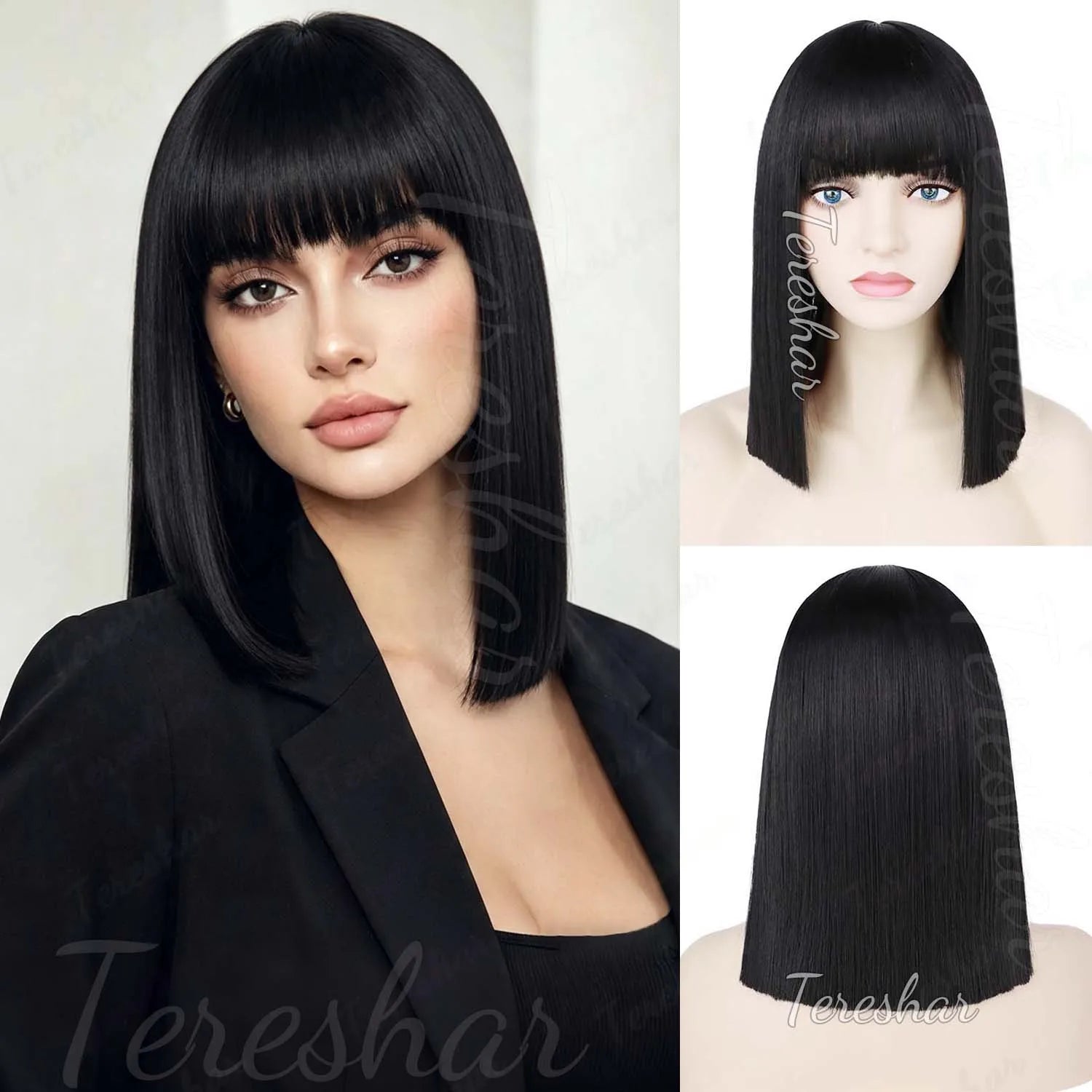 Short Straight Bob Wig with Bangs for Daily Wear and Costume Parties - 17