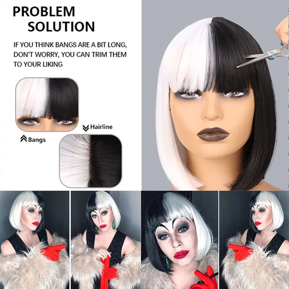 Black and White Two-Tone Synthetic Wig for Cosplay and Party