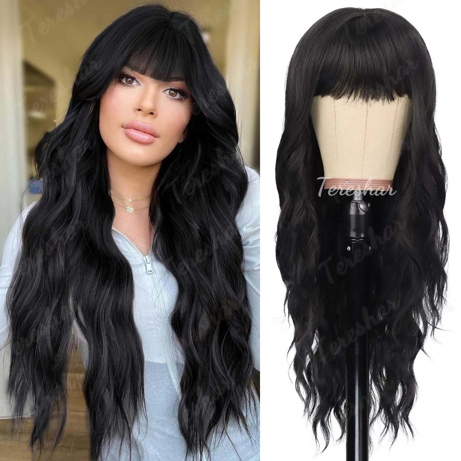 Long Wavy Orange Wig with Bangs for Cosplay and Daily Wear - 15