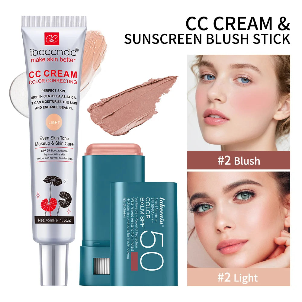 Color Correcting CC Cream and SPF 50 Sunscreen Blush Stick Makeup Set - 39