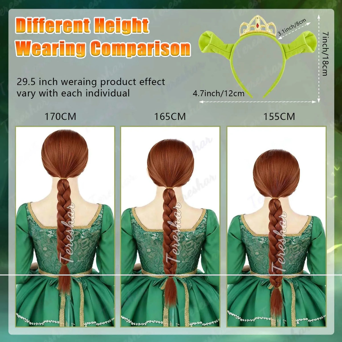 Reddish Brown Braided Costume Wig with Ogre Ears and Princess Crown