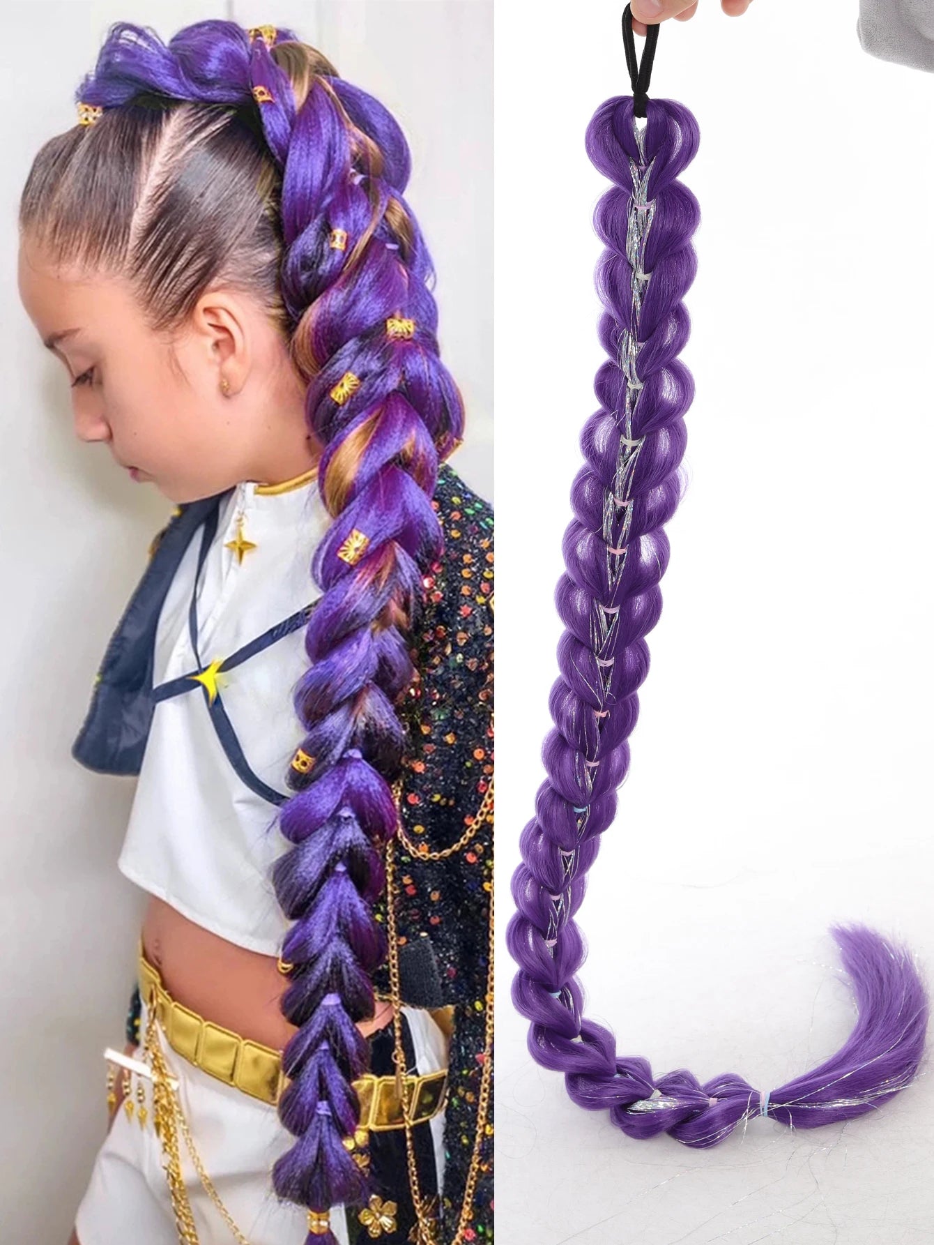32-Inch Braided Purple Ponytail Extension with Shimmering Tinsel - 19