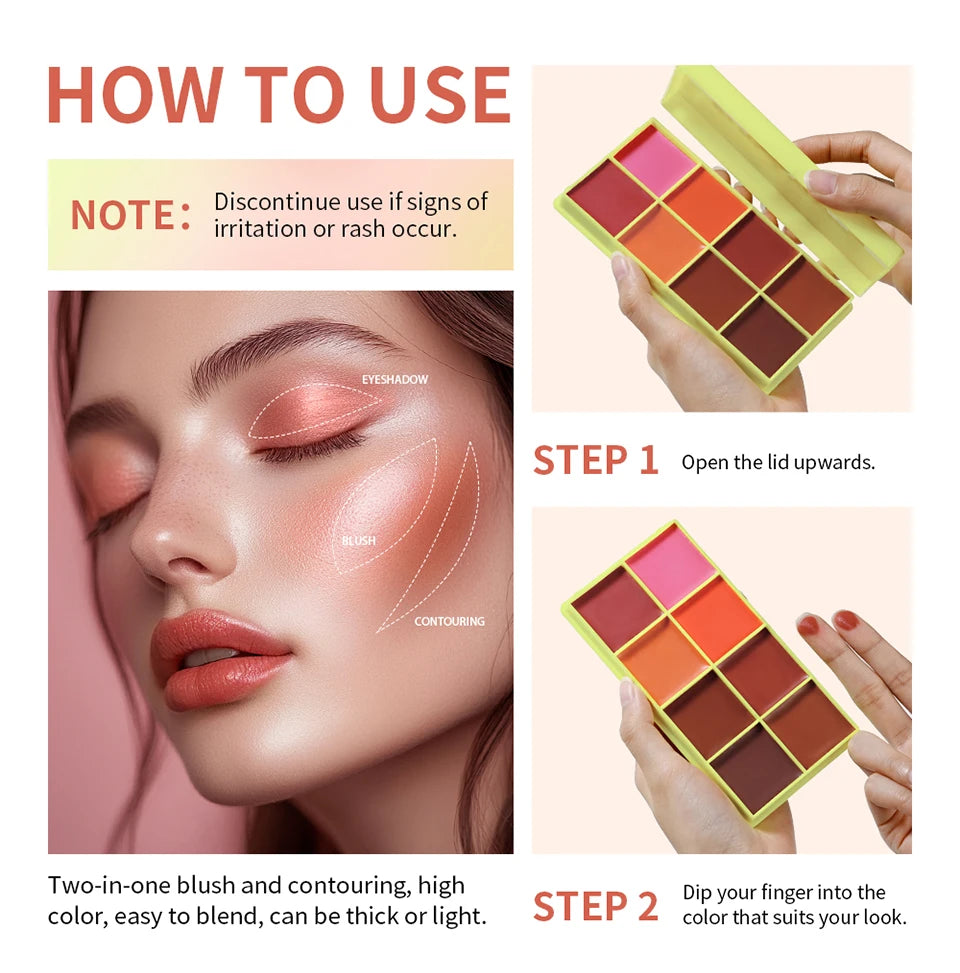 8-Color Cream Blush and Contouring Makeup Palette for Flawless Skin