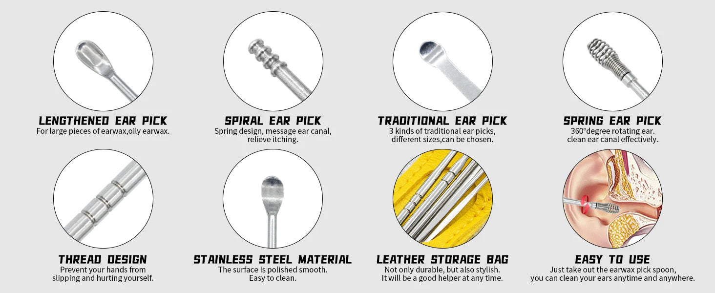 Professional Stainless Steel Ear Wax Removal Cleaning Tool Kit - 7