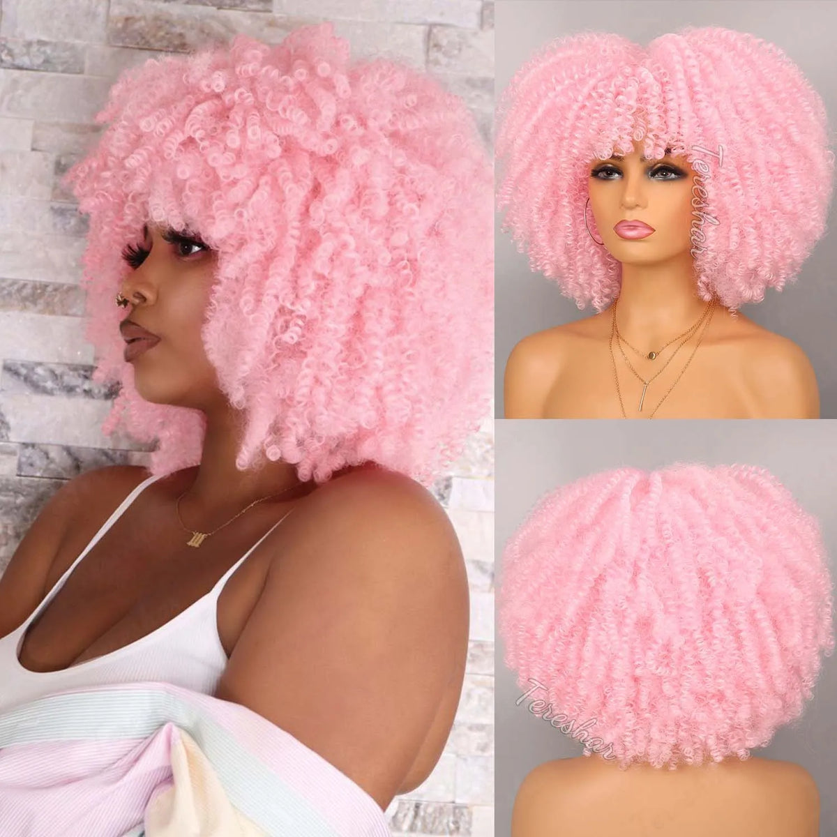 Short Curly Afro Wig with Bangs for Daily Wear