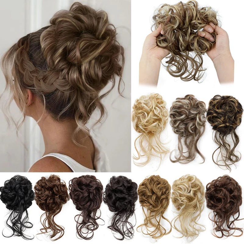 Messy Curly Hair Bun Extension with Elastic Rubber Band