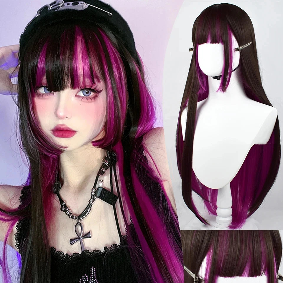 Long Straight Synthetic Wig with Bangs for Cosplay and Parties - 69