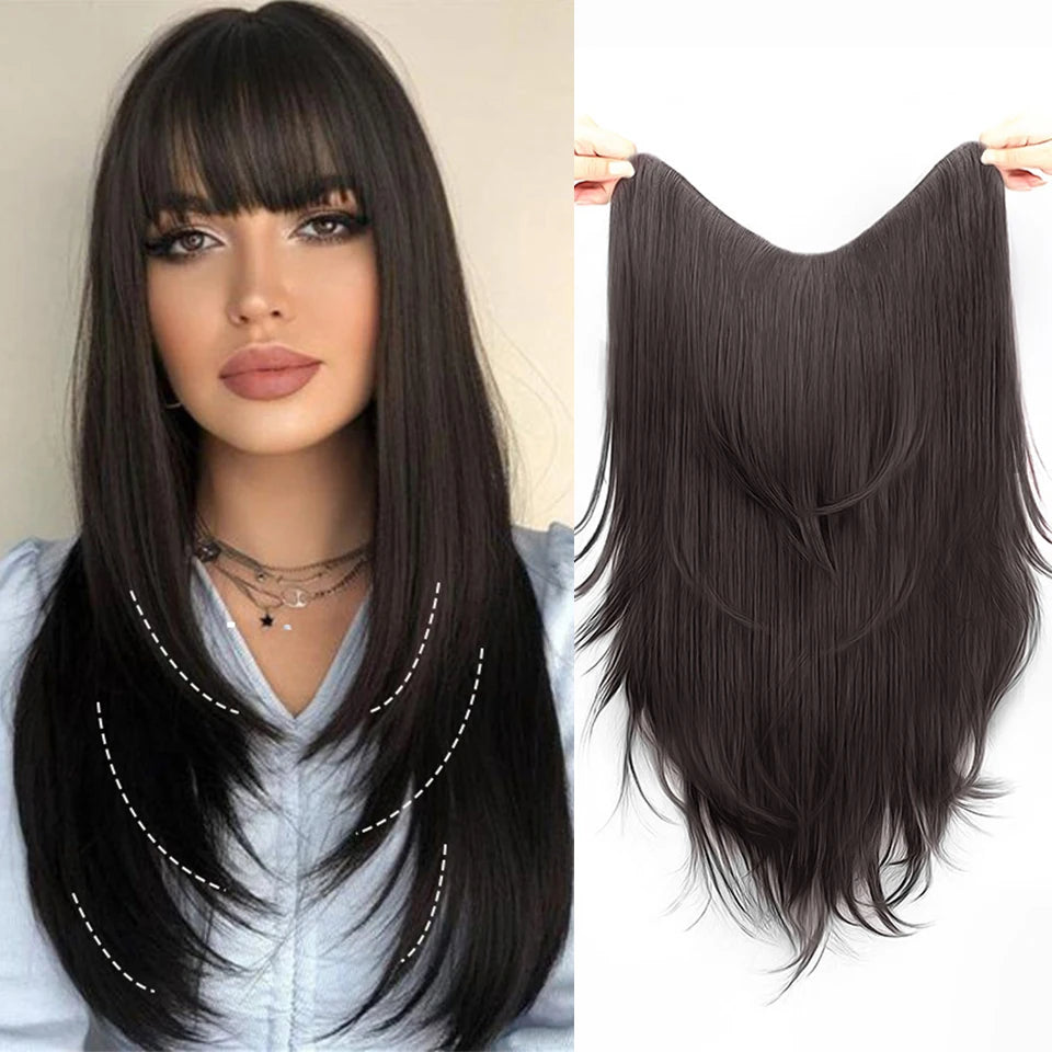 One-Piece Straight Layered Hair Extension with Clips for Women - 7