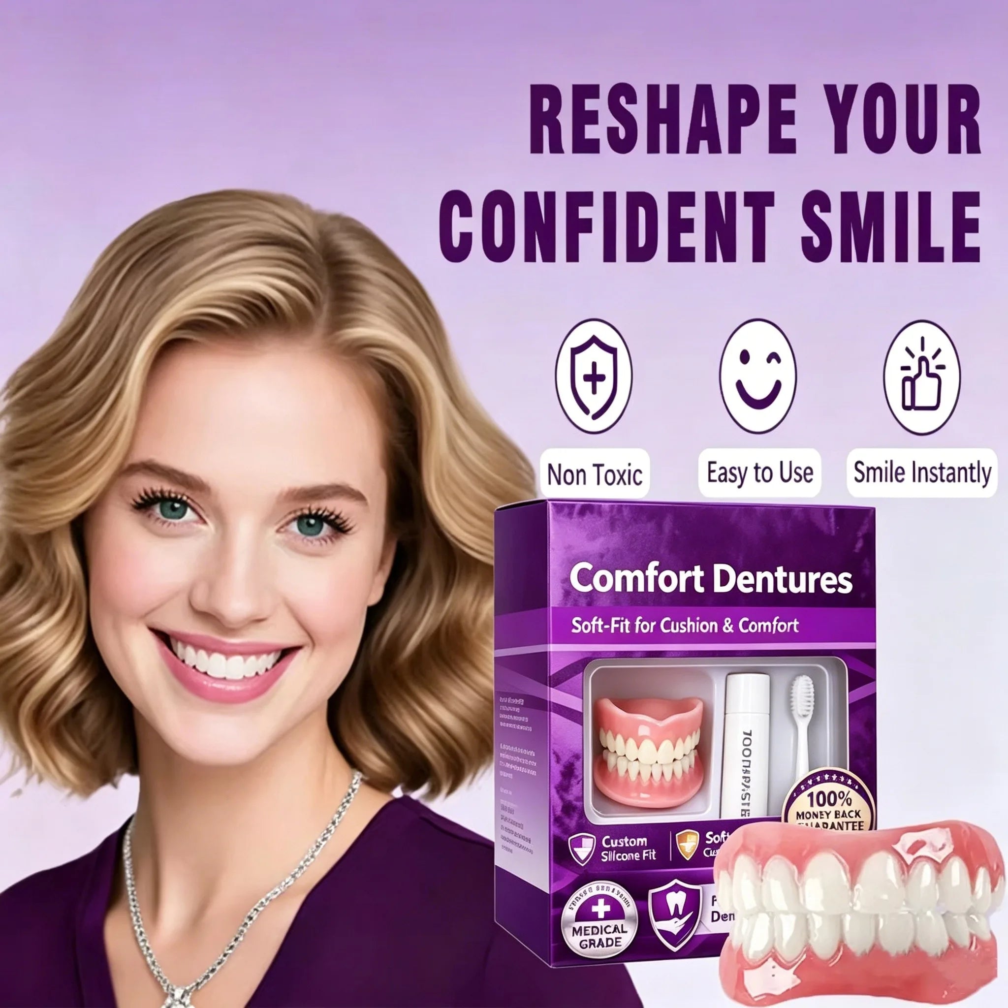 Comfortable Silicone Dentures for Natural Looking Upper and Lower Teeth - 3
