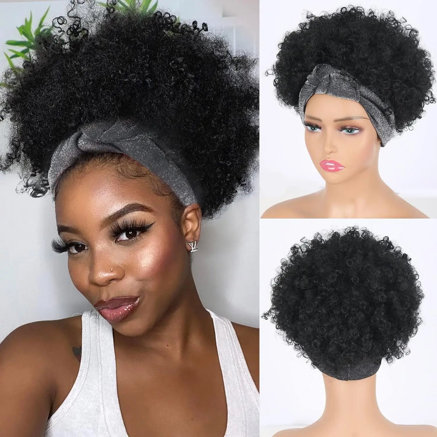 Short Kinky Curly Headband Wig for Women - 1