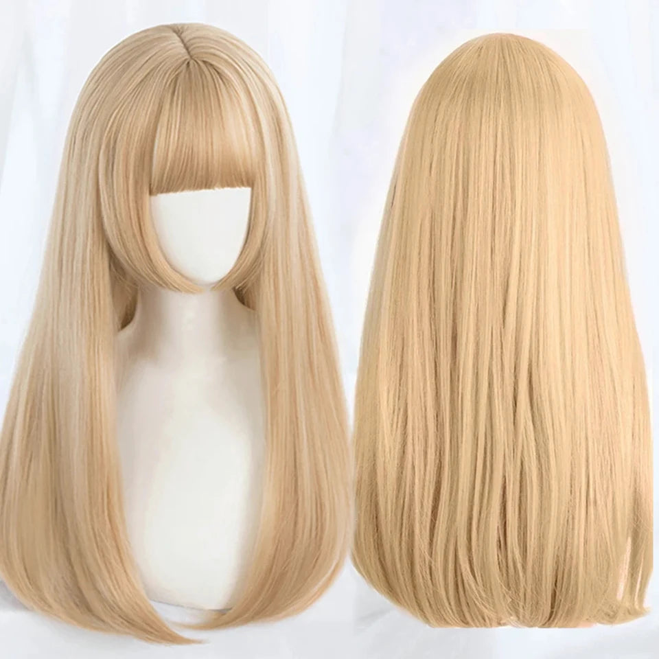 Long Wavy Ash Blonde Synthetic Wig with Bangs