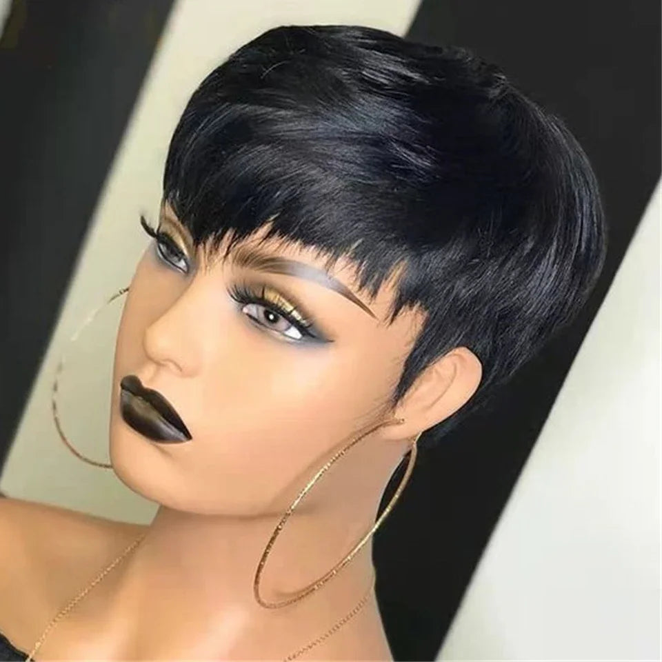 Short Pixie Cut Human Hair Bob Wig with Bangs