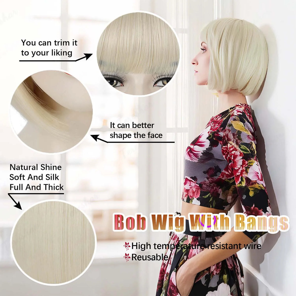 Short Straight Bob Synthetic Wig with Natural Bangs for Daily Wear