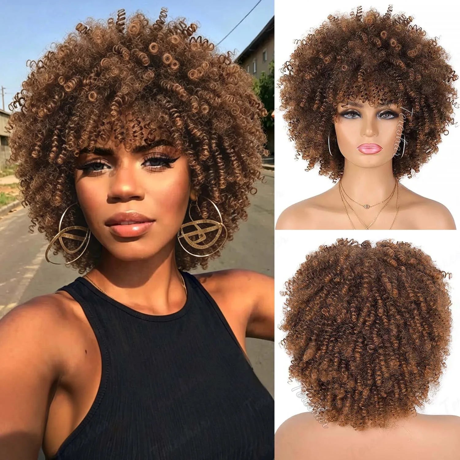 Short Curly Afro Wig with Bangs for Daily and Party Wear - 16
