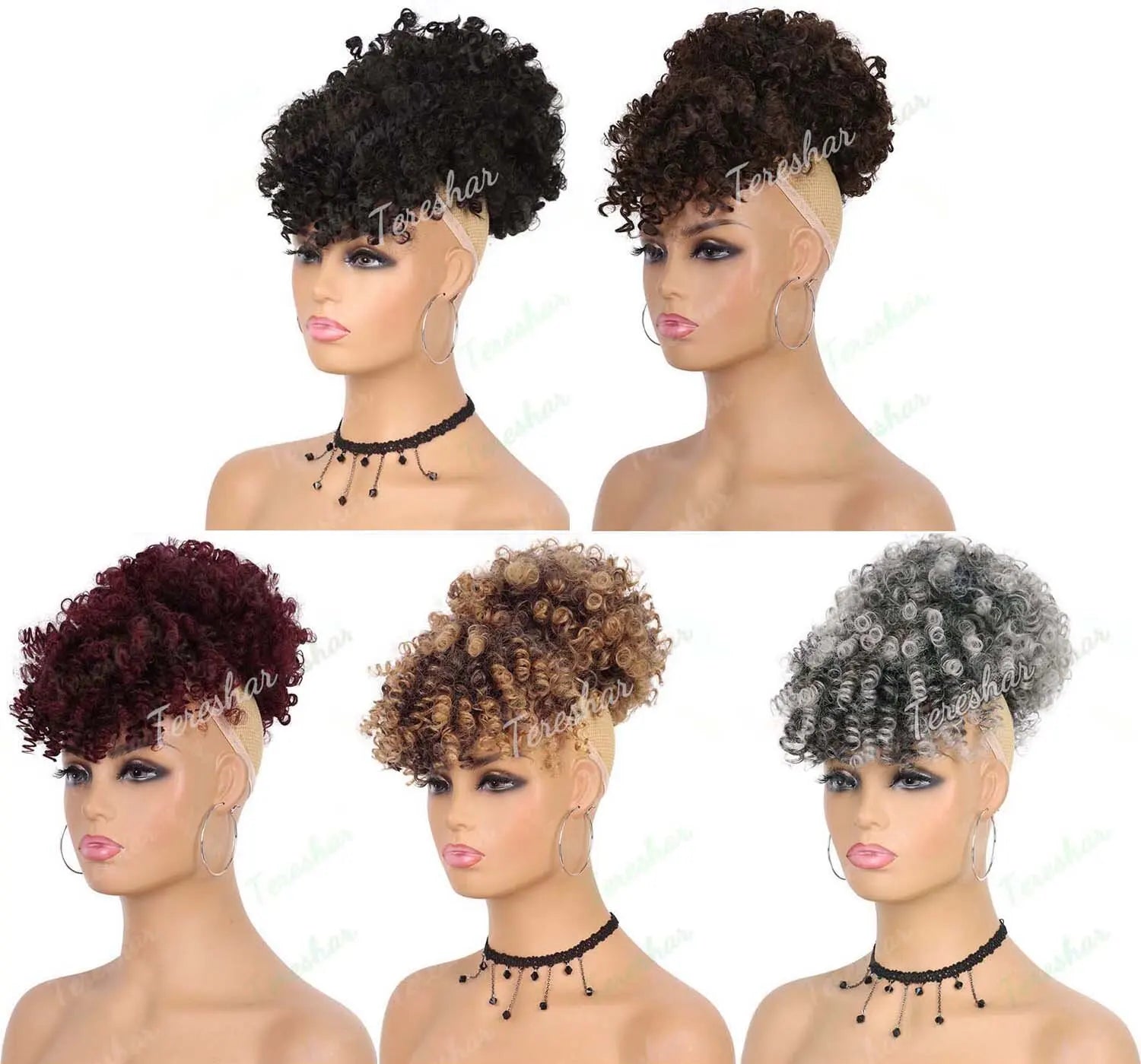Kinky Curly Afro Puff Ponytail Extension with Bangs for Women - 7