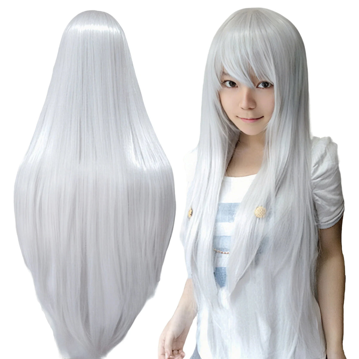 Long Straight Silver White Wig for Cosplay and Costume Parties