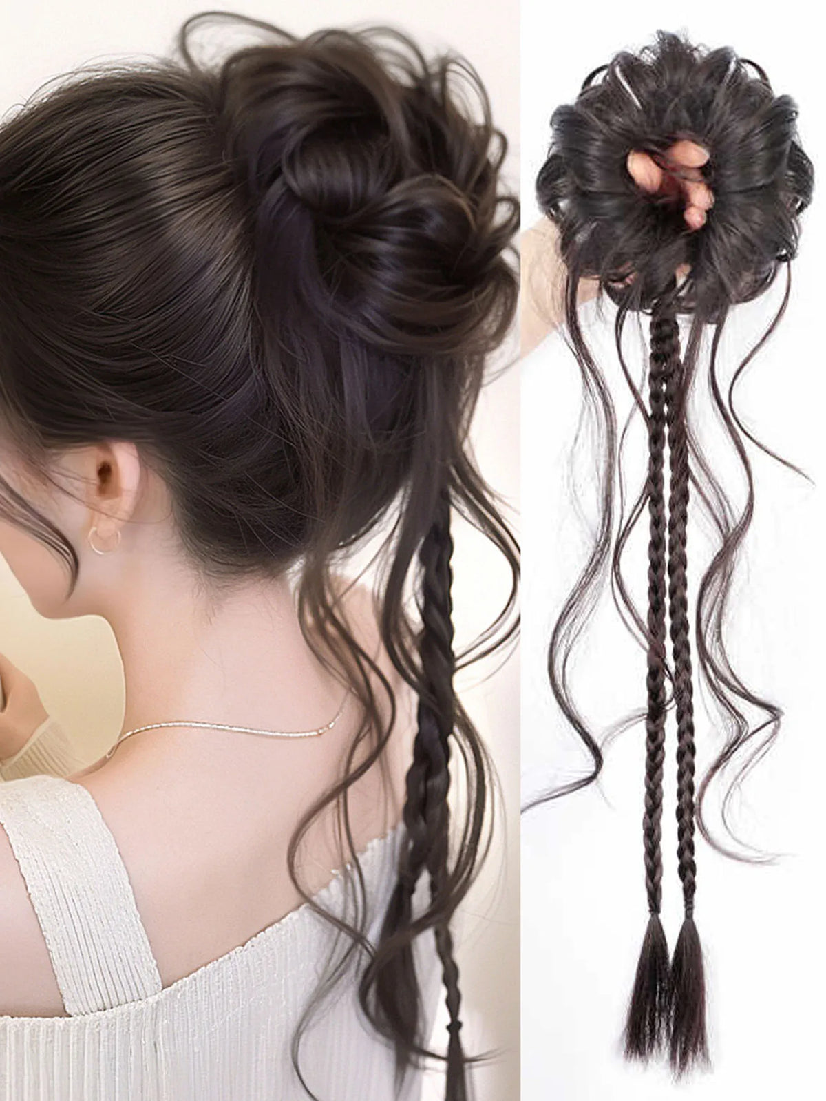 Messy Curly Hair Bun with Braids for Women and Girls