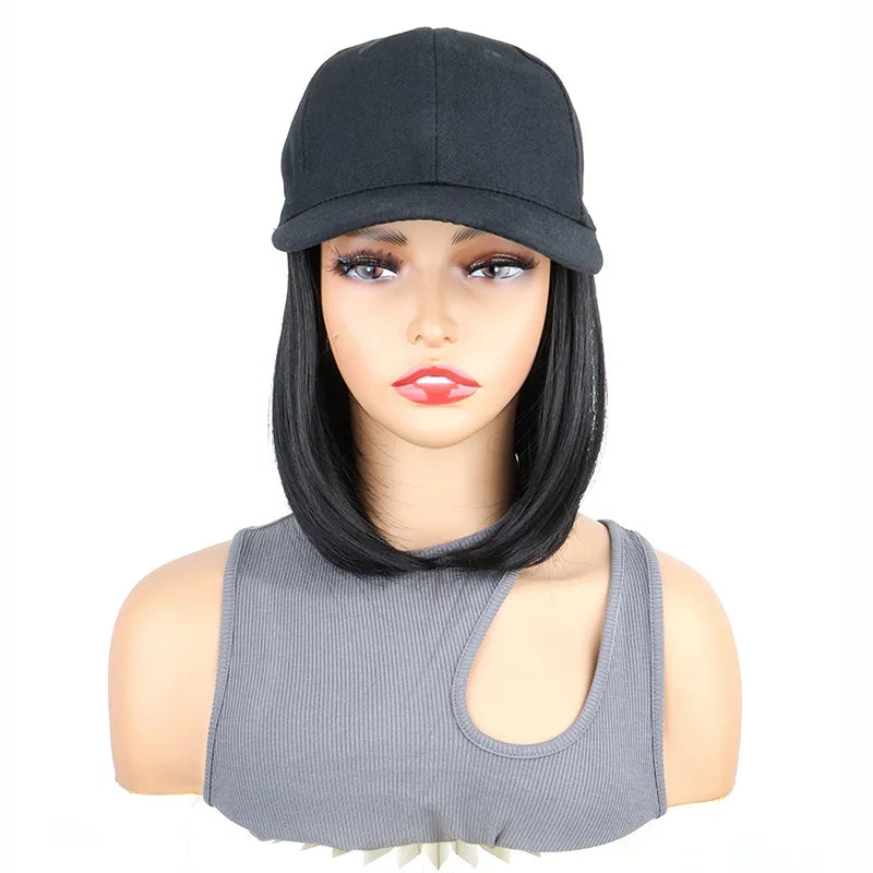 Short Straight Bob Hair Wig with Baseball Cap for Women