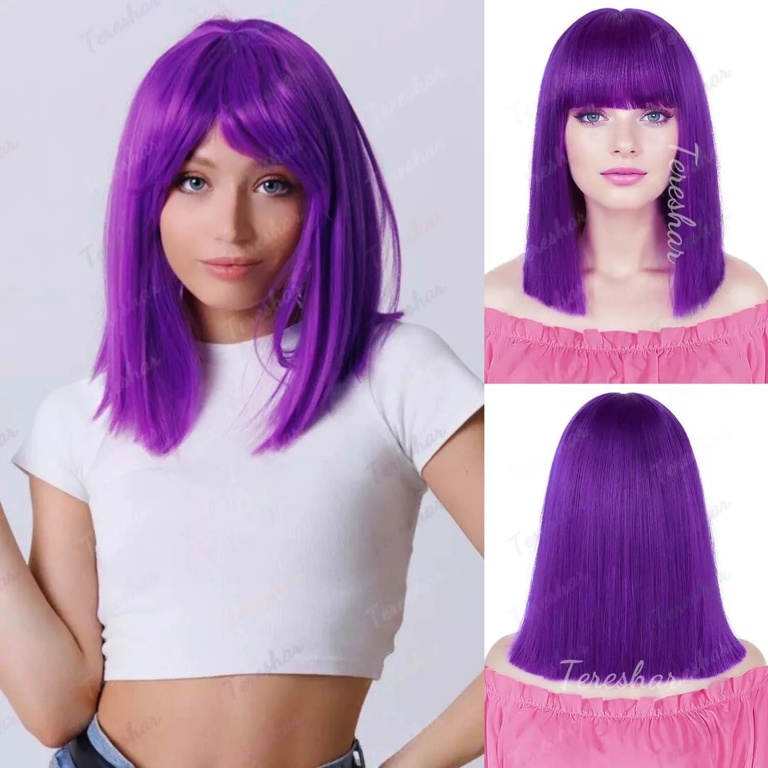 Heat Resistant Synthetic Straight Bob Wig with Bangs for Women - 1