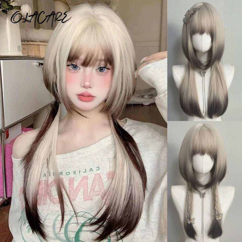 Long Wavy Ombre Blonde Pink Wig with Bangs