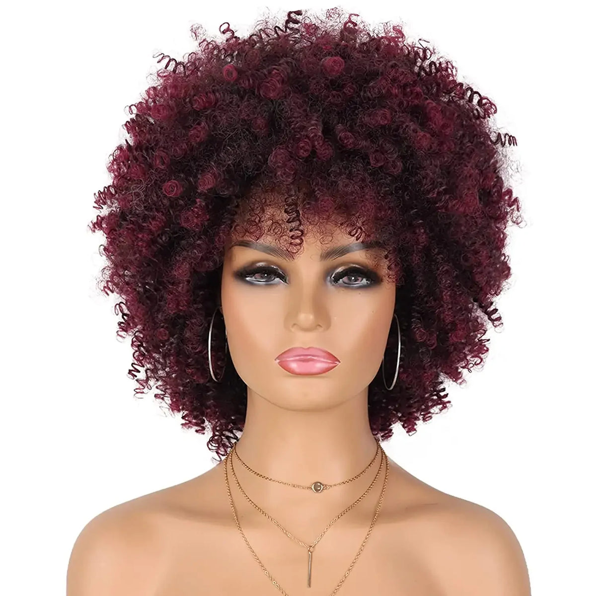 Short Afro Kinky Curly Synthetic Wig with Bangs for Daily Hair Styling