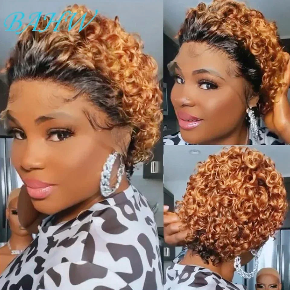 Short Curly Pixie Cut Human Hair Lace Front Wig - 22