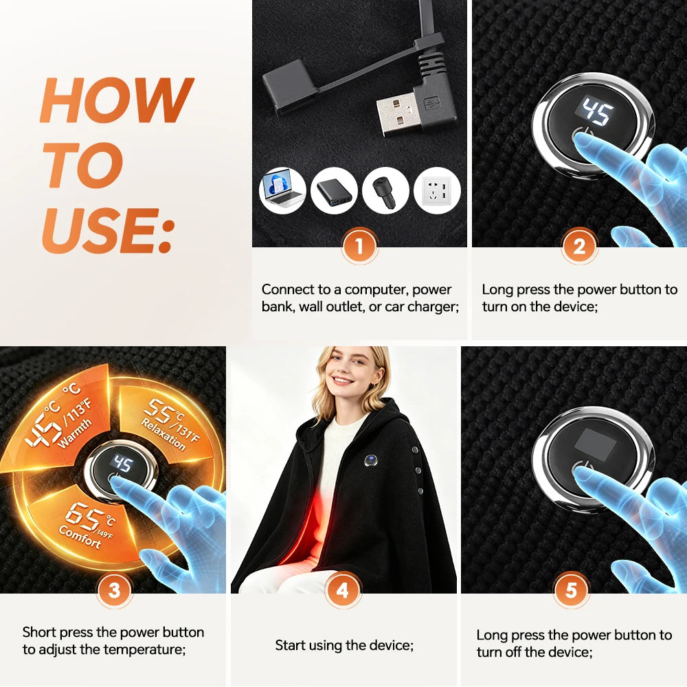 USB Powered Graphene Heated Hooded Shawl for Home and Office Comfort - 14