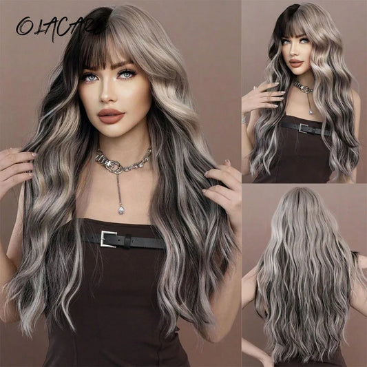 Long Wavy Ash Ombre Wig with Bangs for Daily or Party Wear