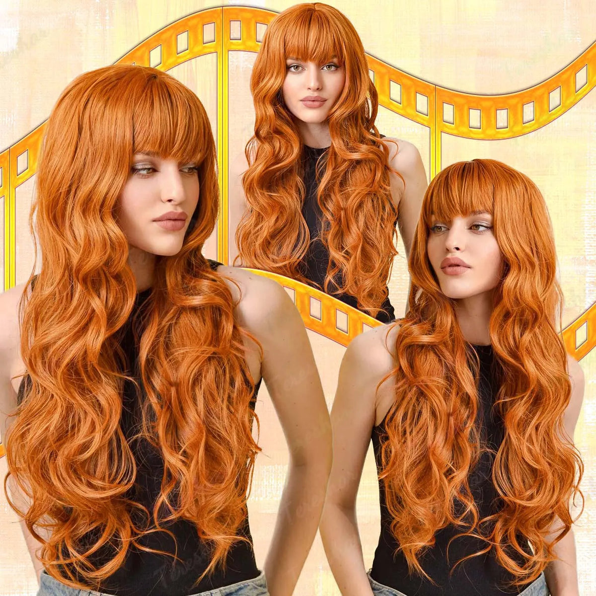 Long Wavy Orange Wig with Bangs for Cosplay and Daily Wear