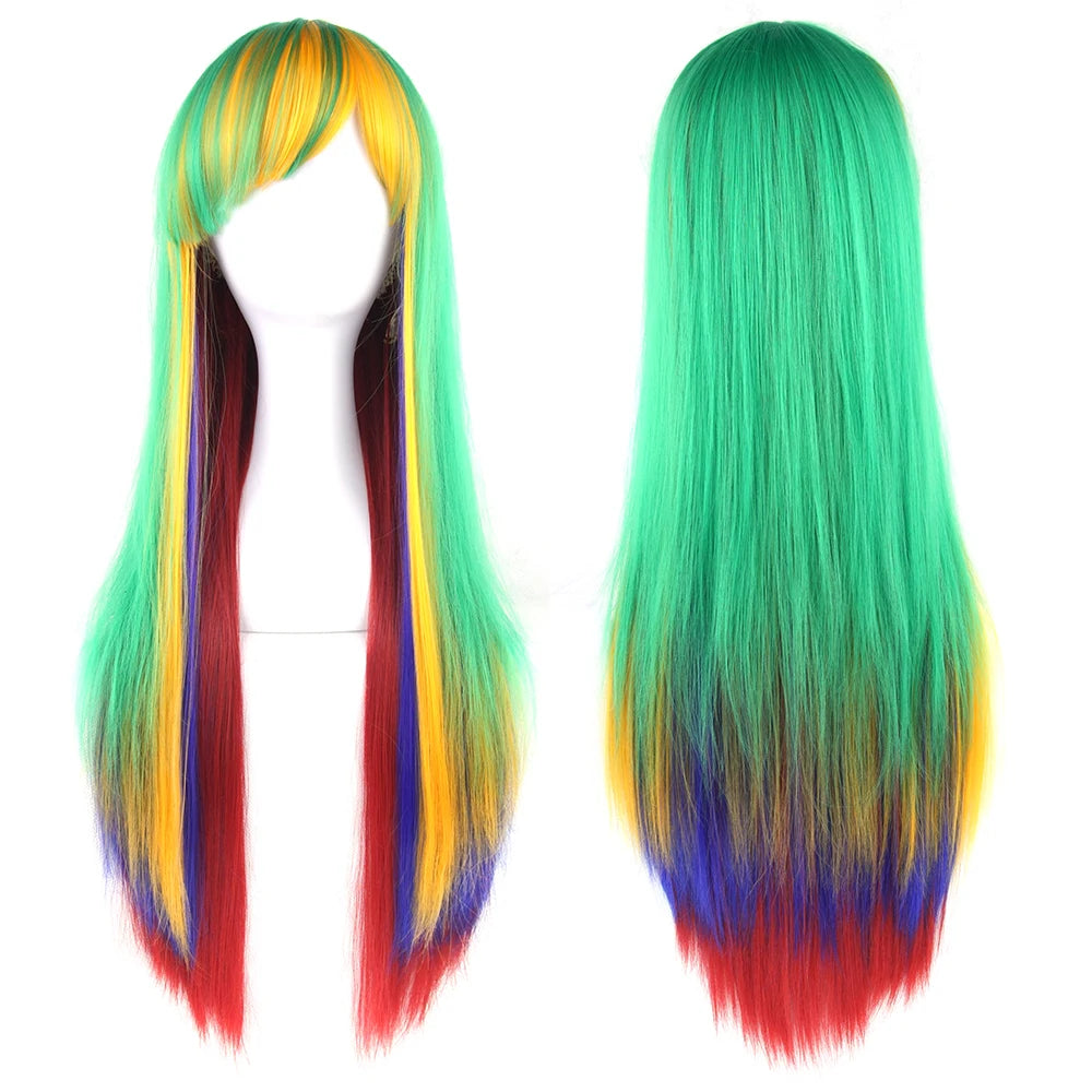 Long Ombre Rainbow Curly Cosplay Wig with Bangs for Women