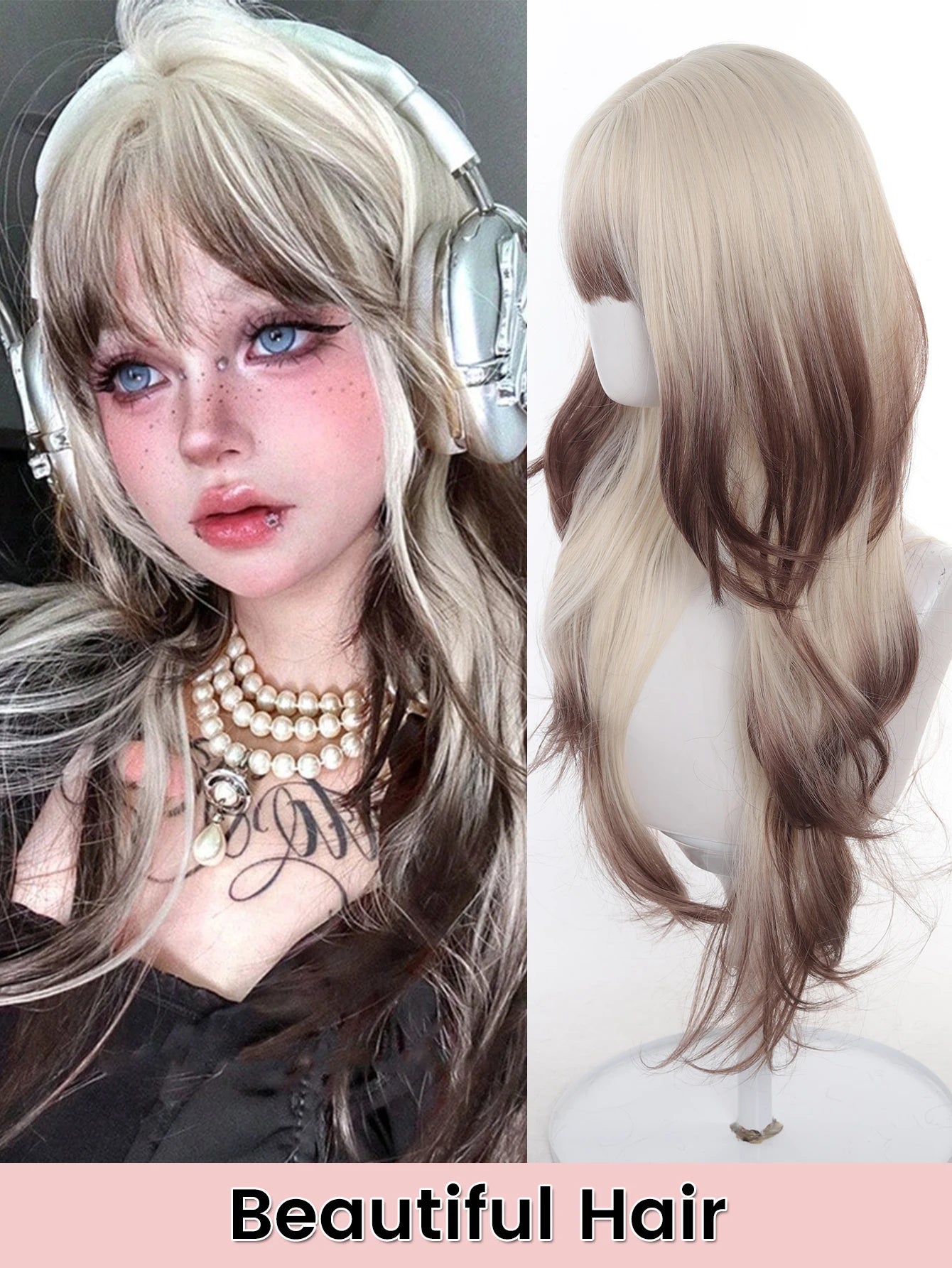 Long Ombre Blonde and Brown Synthetic Wig with Bangs for Daily Wear - 7