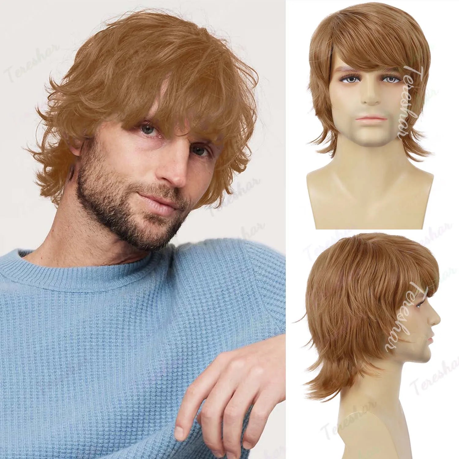 Short Curly Layered Synthetic Wig for Men Cosplay and Daily Style - 13