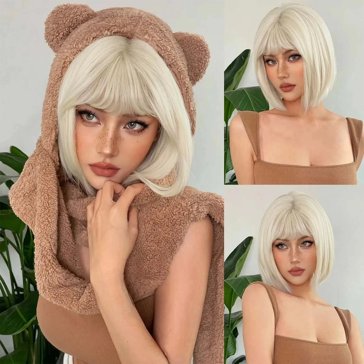 Short Straight Bob Synthetic Wig with Natural Bangs for Daily Wear