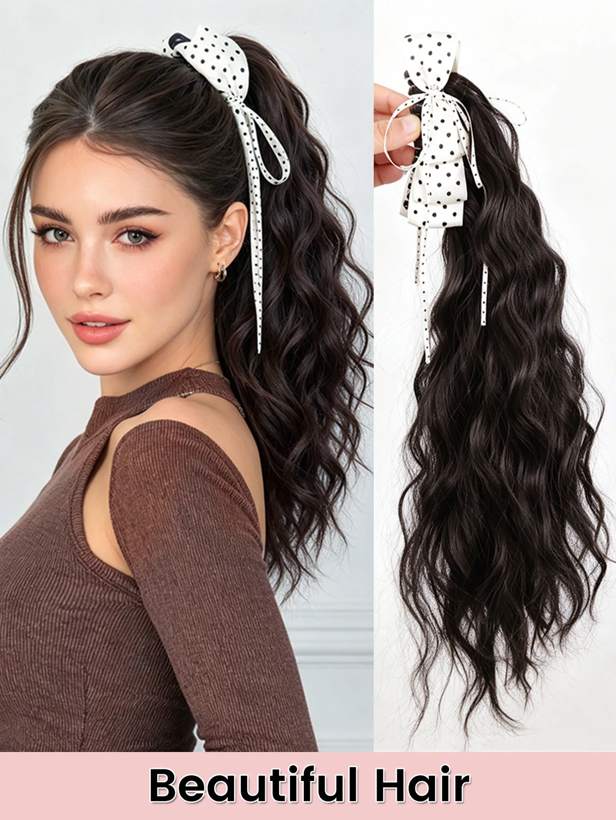 20-Inch Wavy Claw Clip Ponytail with Bow