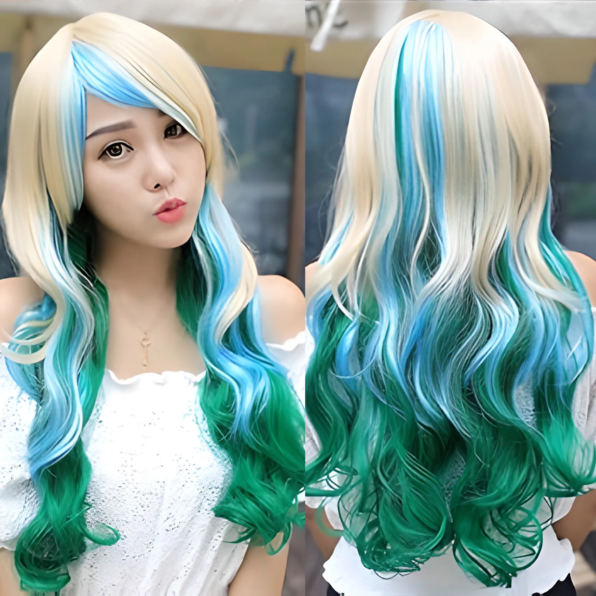 Long Ombre Rainbow Curly Cosplay Wig with Bangs for Women - 3