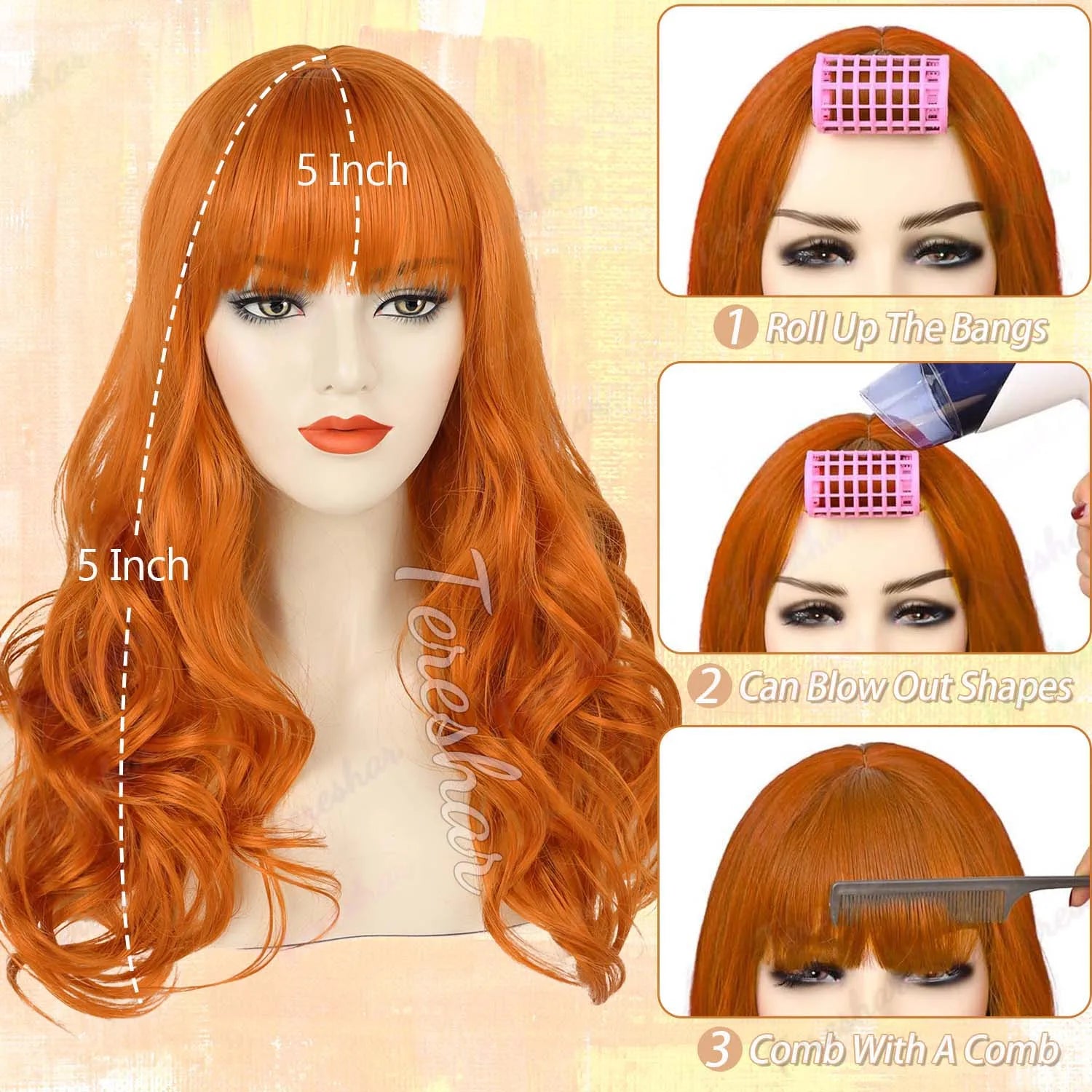 Long Wavy Orange Wig with Bangs for Cosplay and Daily Wear - 4