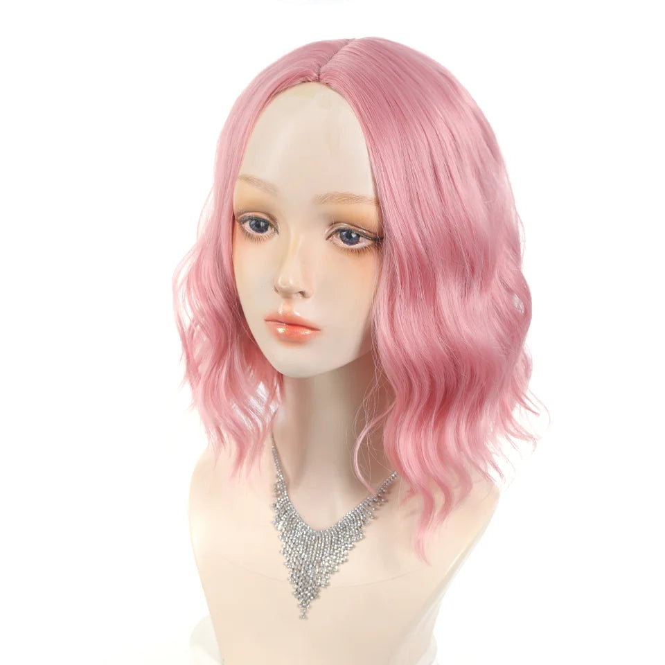 Short Wavy Pink Bob Wig for Cosplay and Daily Wear