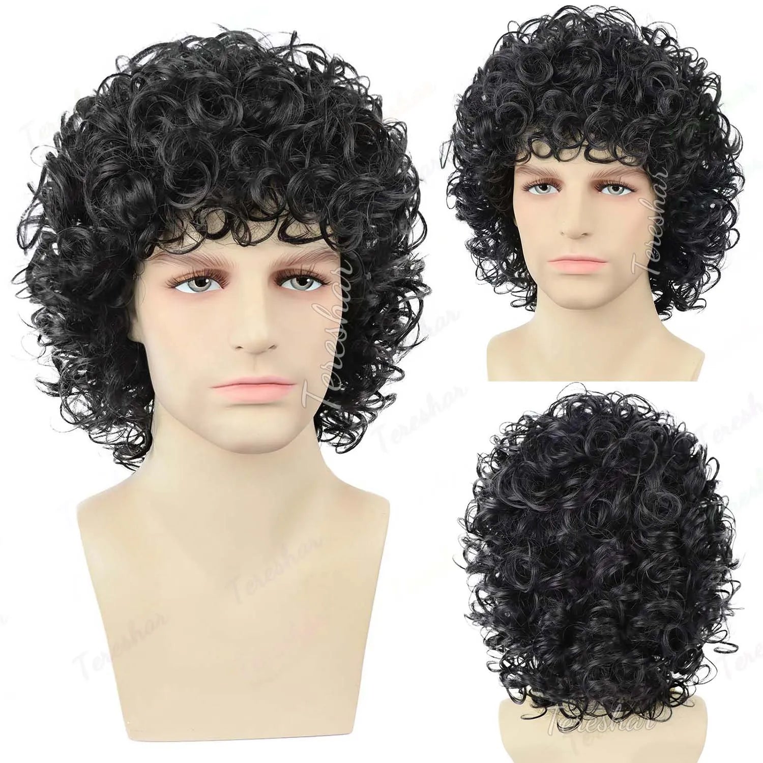Mens Retro Curly Rocker Wig with Sequin Glove for Parties and Cosplay - 3
