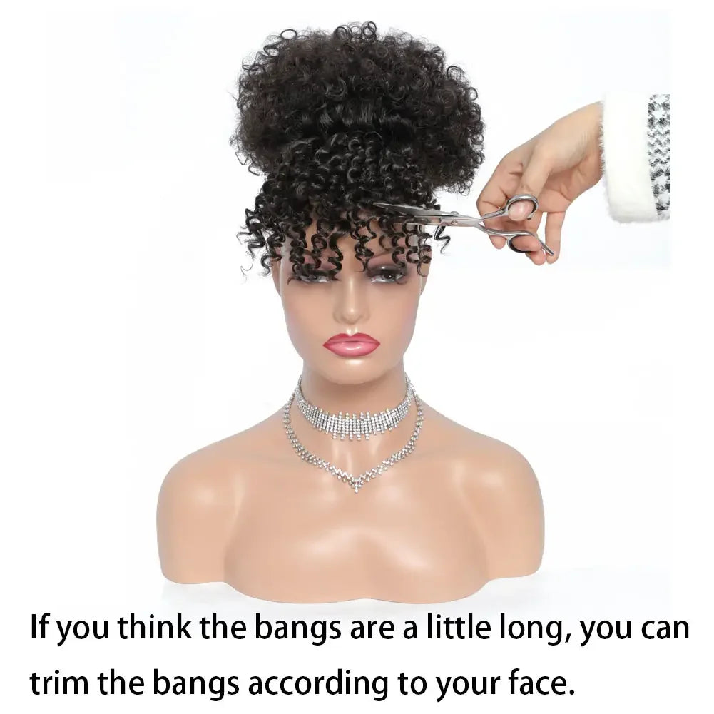 Kinky Curly Afro Puff Drawstring Ponytail with Bangs for Women - 4