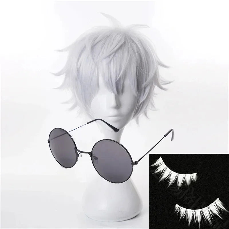 Short Silver Anime Cosplay Wig with Glasses and Lashes - 1