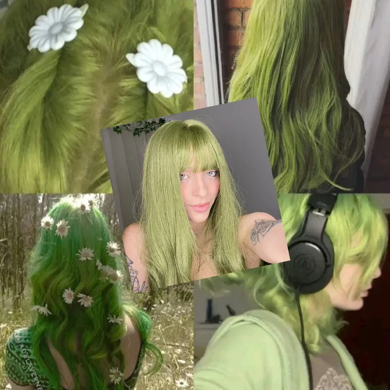 20 Inch Straight Green Wig with Bangs for Parties - 5