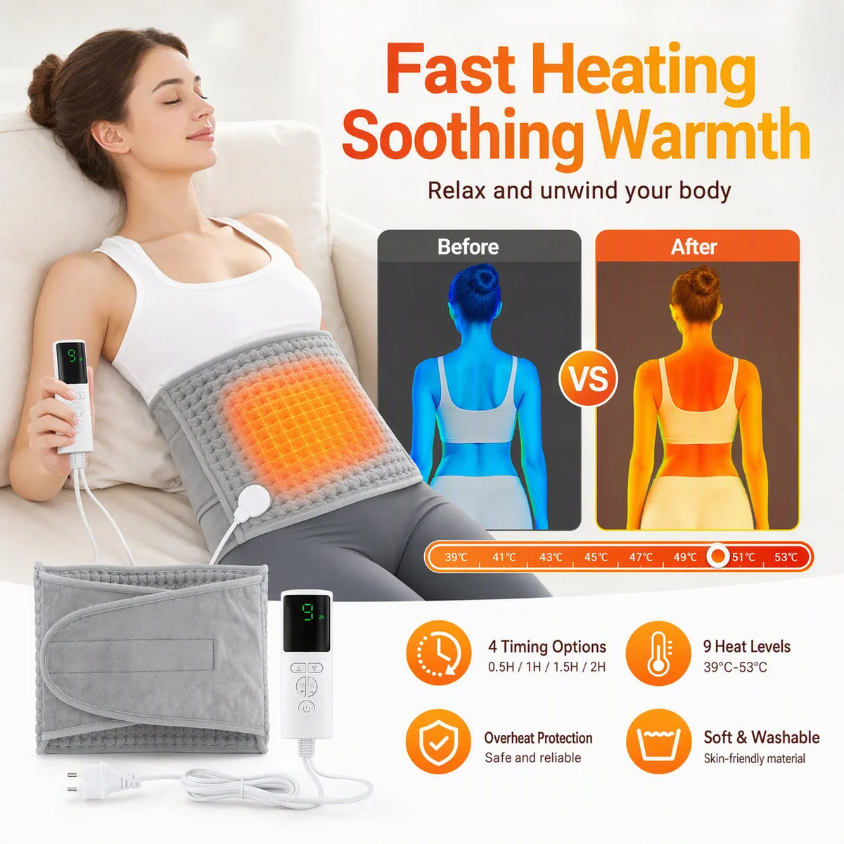 Adjustable Heated Waist Belt with 9 Heat Settings for Pain Relief