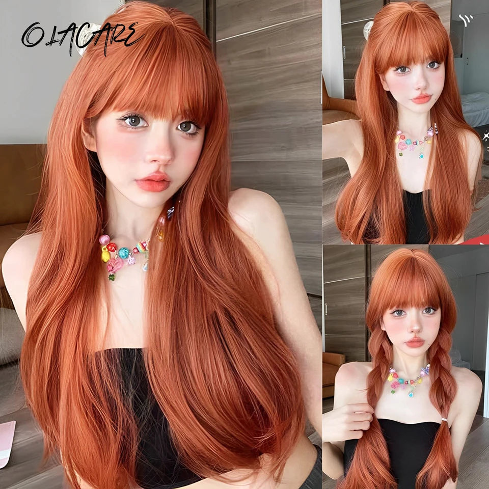 Long Wavy Ginger Synthetic Wig with Bangs - 1