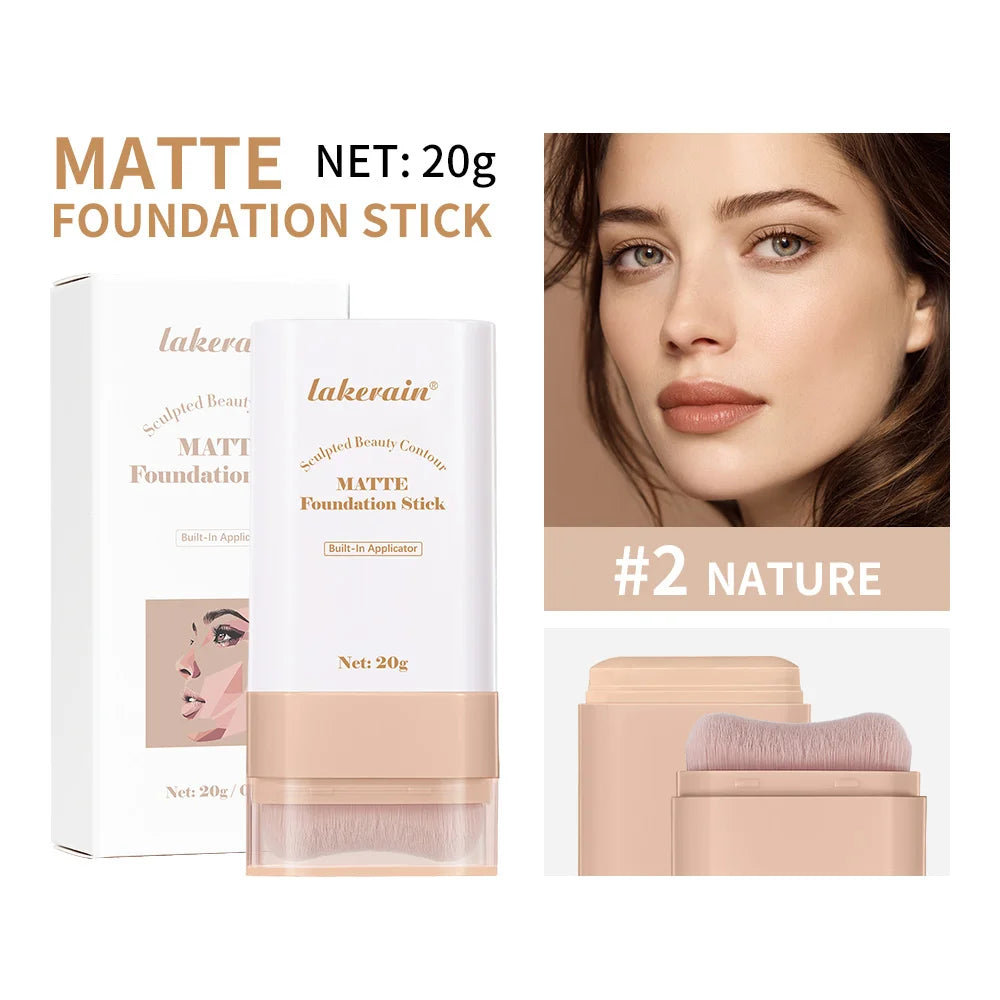 Matte Foundation Stick with Built-in Blending Brush for Flawless Coverage