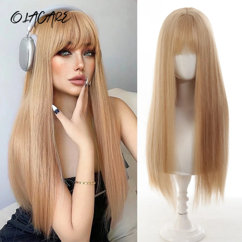 24 Inch Long Pink Cosplay Wig with Bangs - 57