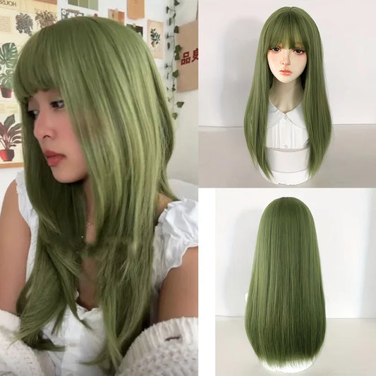 20 Inch Straight Green Wig with Bangs for Parties