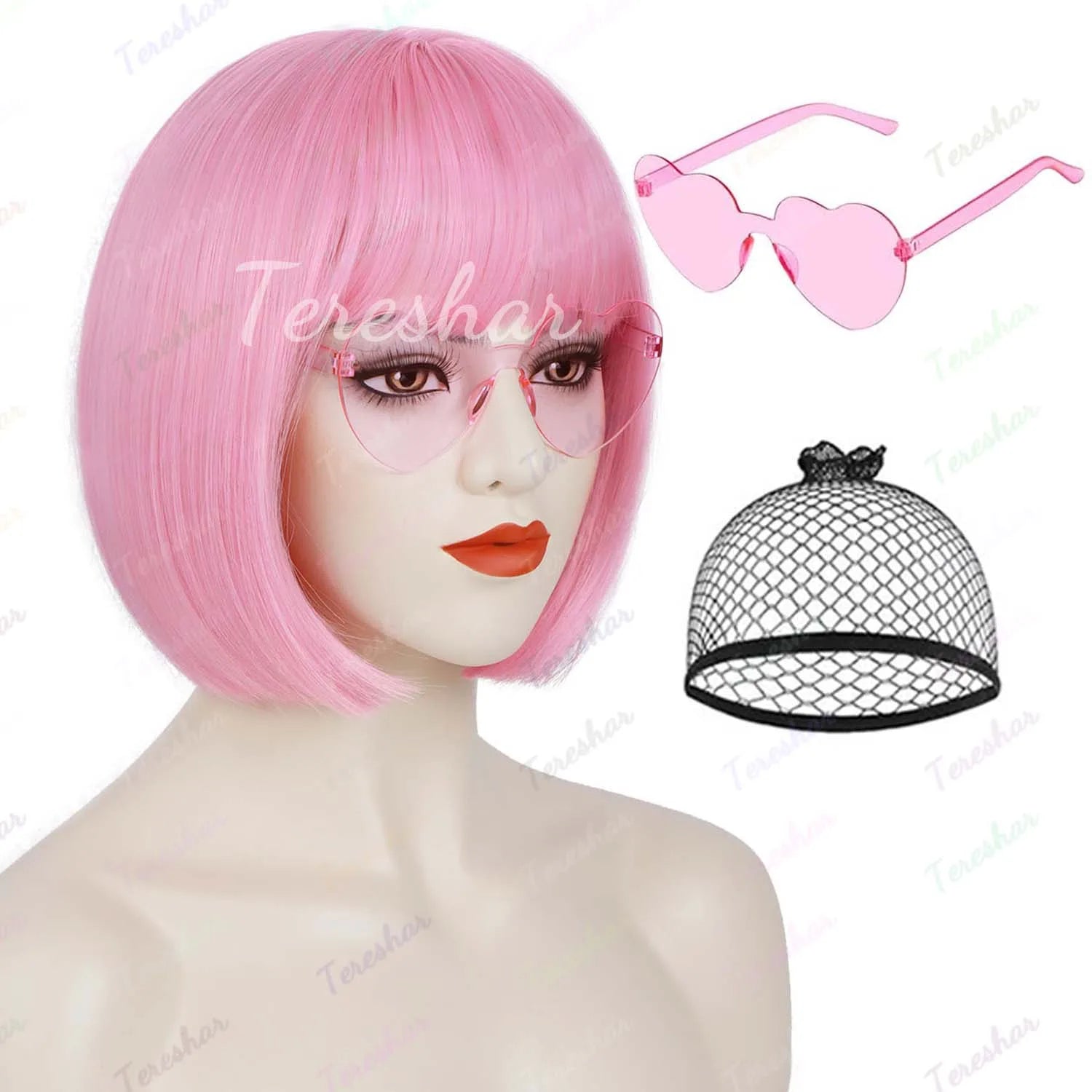 Short Straight Bob Wig with Heart Sunglasses for Parties and Cosplay - 16