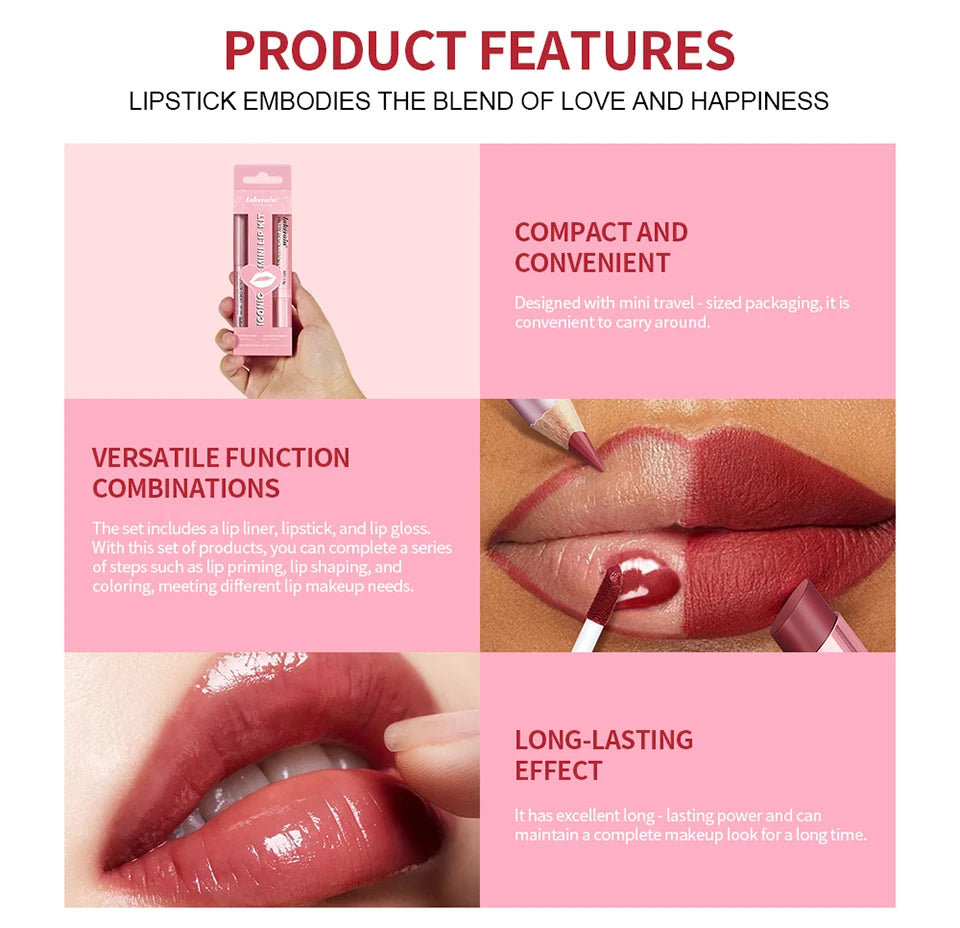3-Piece Mini Lip Liner, Lipstick and Gloss Set for Perfect Pout - 10