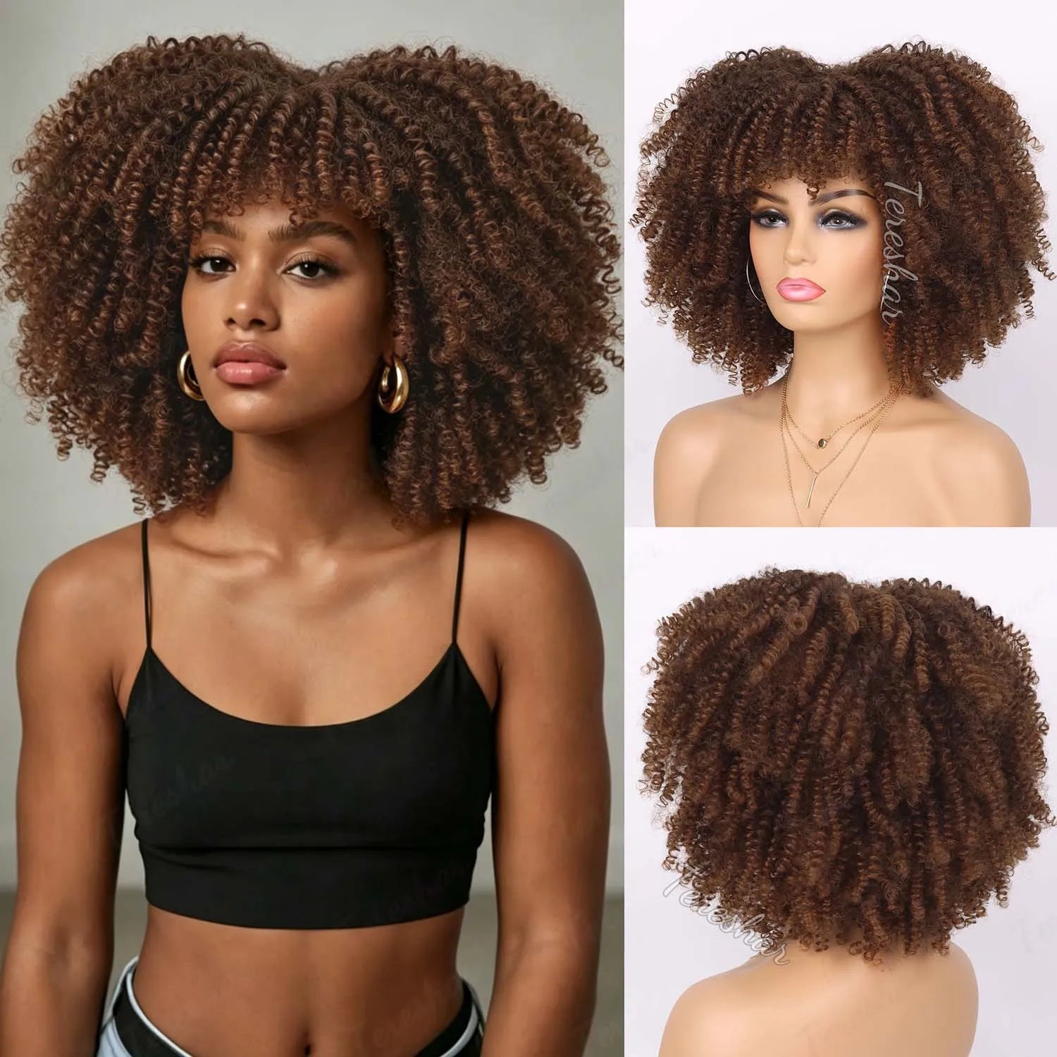 Short Curly Afro Wig with Bangs for Daily Wear - 18